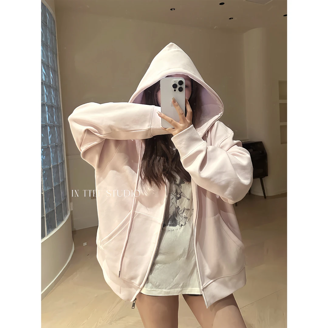 张桶桶QC【草莓甜甜圈】粉色连帽开衫卫衣慵懒氛围感ZXD01503