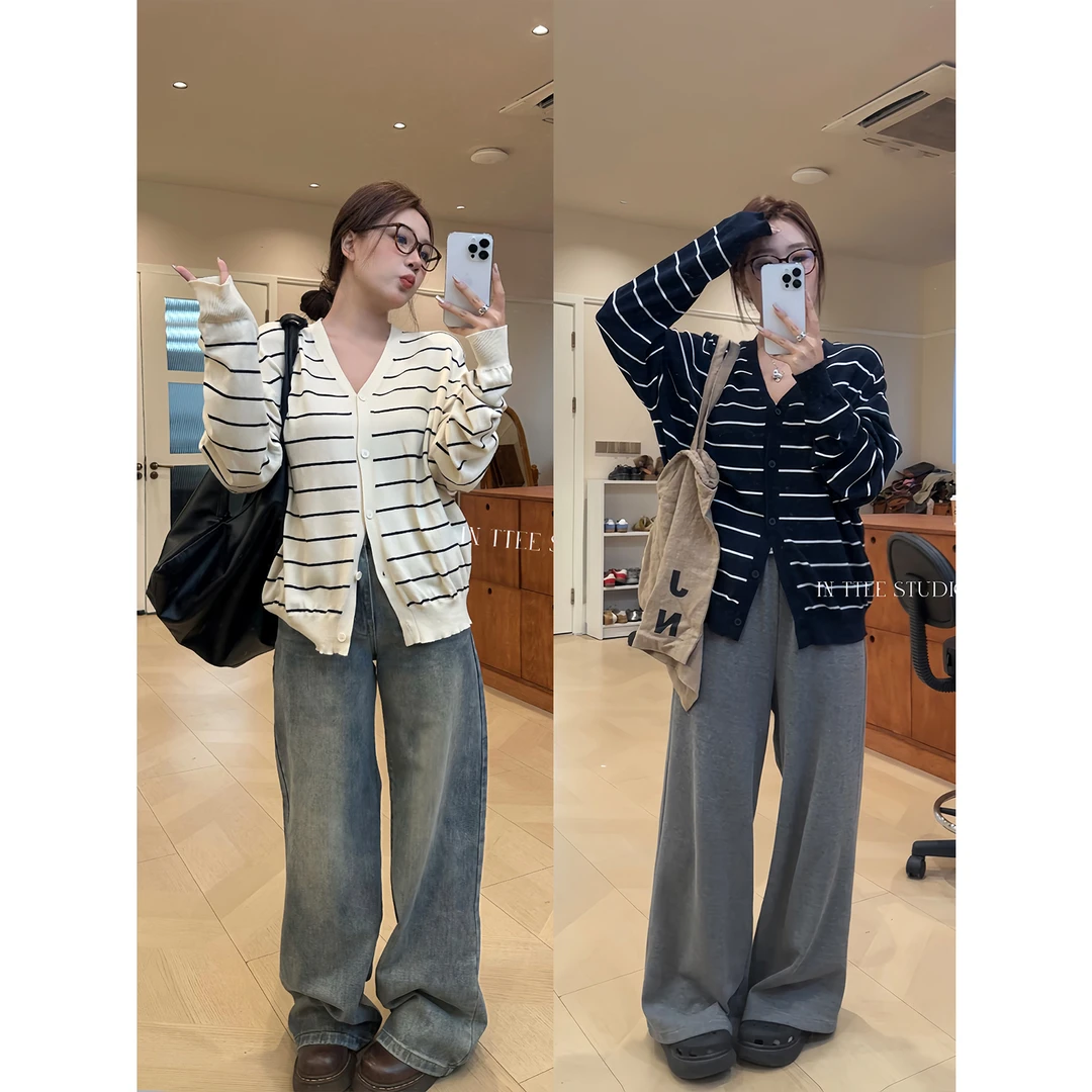 intree张桶桶【条纹画报】慵懒宽松条纹针织外套开衫舒适STM12007