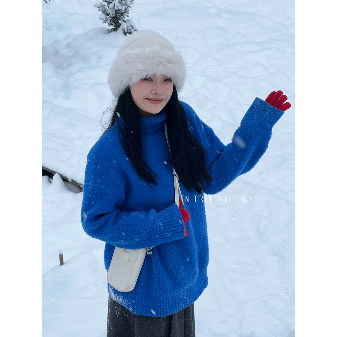 张桶桶QC【蓝调时光】蓝色高领大毛衣宽松廓形高领ZXLH01737