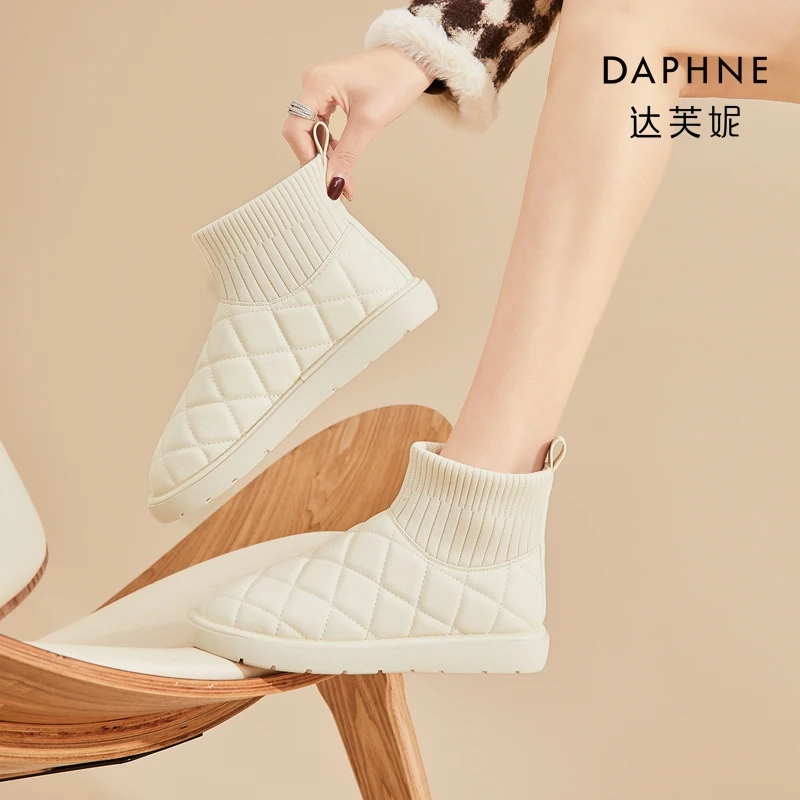 Daphne/达芙妮百搭厚底雪地靴女2024年秋冬新款圆头加绒保暖棉靴
