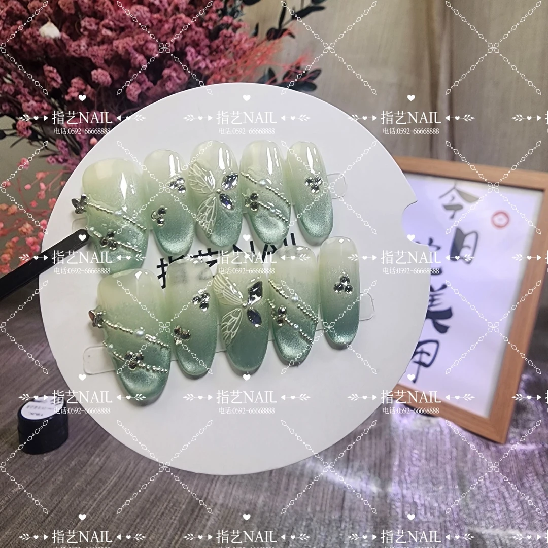 A041【薄荷曼波】纯手工穿戴甲爆闪优雅气质简约甜美ins风送盒子
