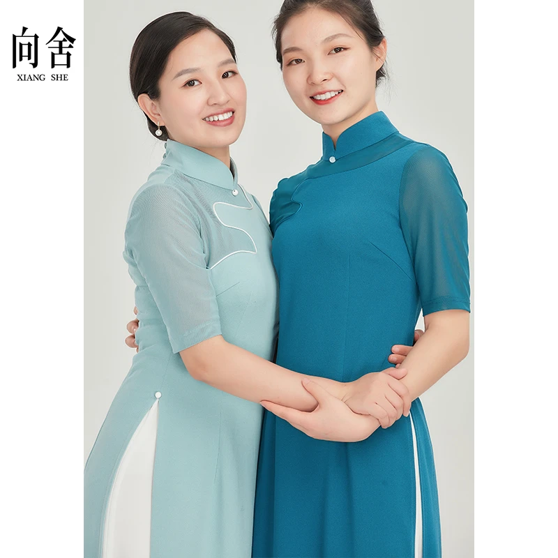 三色奥黛走秀旗袍练功服中袖长袖春夏时尚春秋薄款中式长款立领