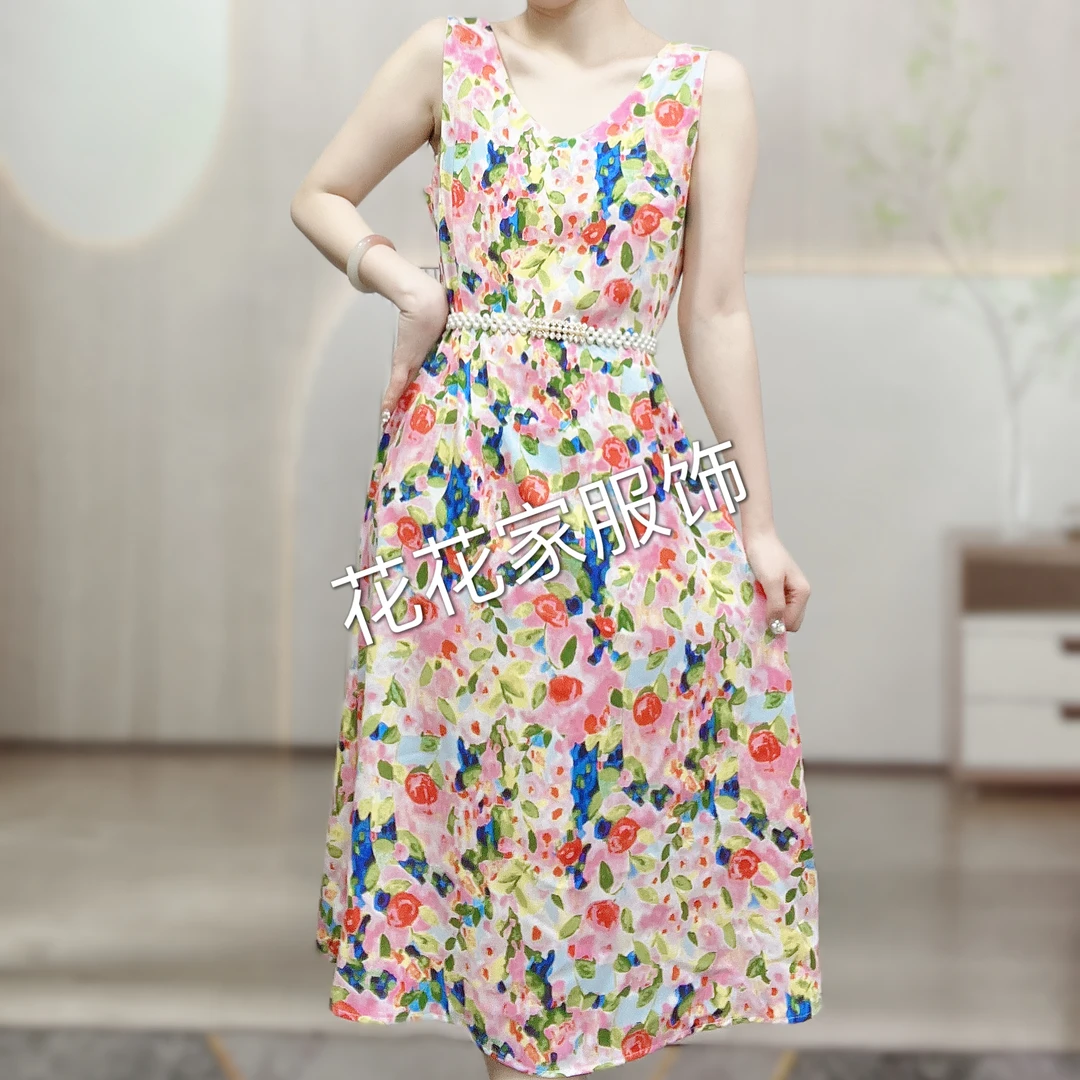 时尚减龄彩色小碎花宽肩带背心连衣裙