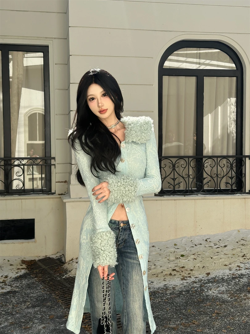 MOONSEE富家千金蕾丝拼毛领修身连衣裙女气质收腰显瘦包臀中长裙