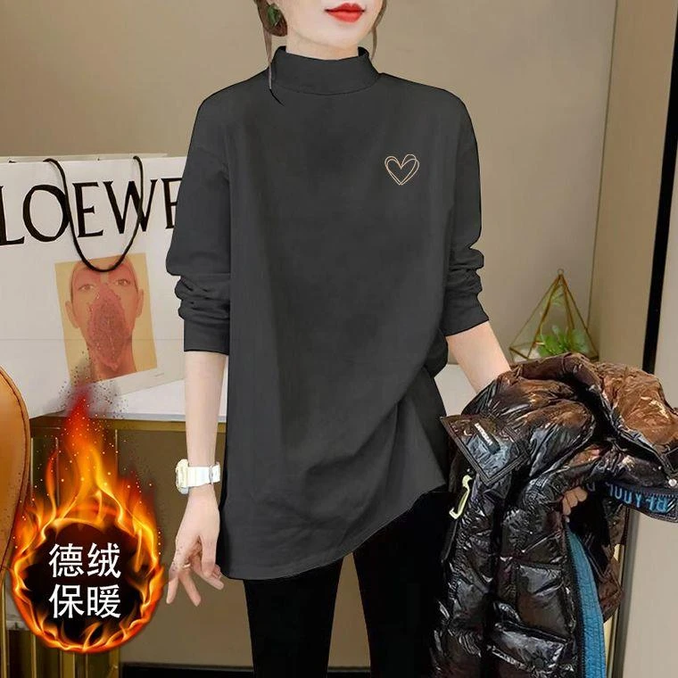半高领德绒恤女秋季新款洋气宽松加厚内搭中长款长袖打底衫上衣