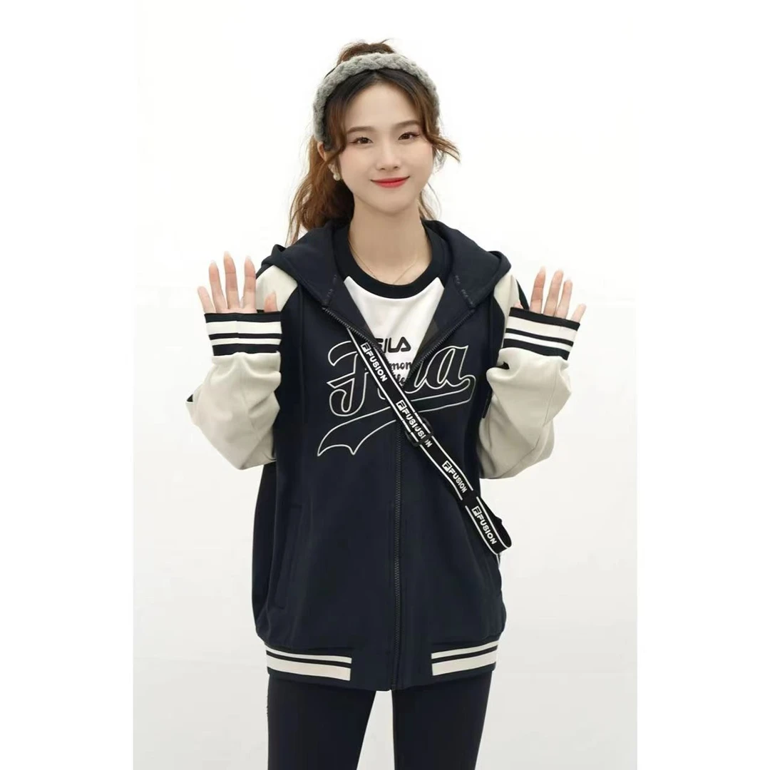 FILA 斐乐春秋时尚情侣款连帽休闲宽松运动拼色卫衣T11U312501
