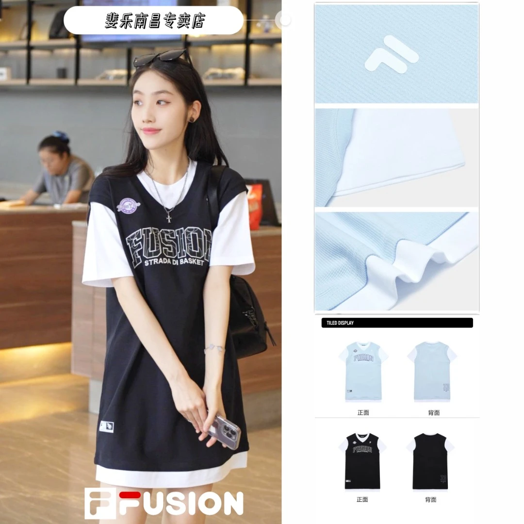 FILA斐乐新款假两件潮流华夫格休闲宽松连衣裙夏季学生T11W335302