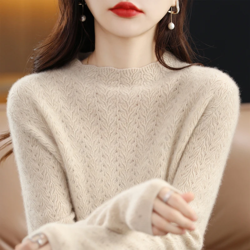 甄选100%纯羊毛！秋冬新款半高领镂空菱形花羊毛衫针织打底衫