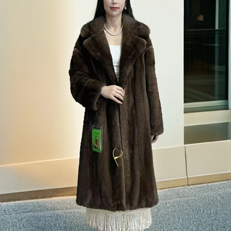 秋冬季长款过膝西装领咖啡泰迪版时尚宽松百搭水貂女装外套076
