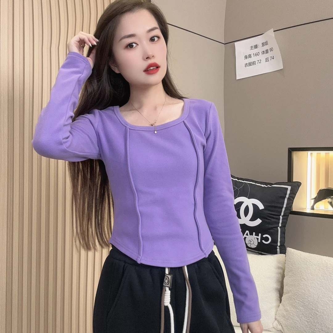 时尚显瘦德绒打底衫女冬季内搭长袖T恤双面磨毛加绒百搭上衣