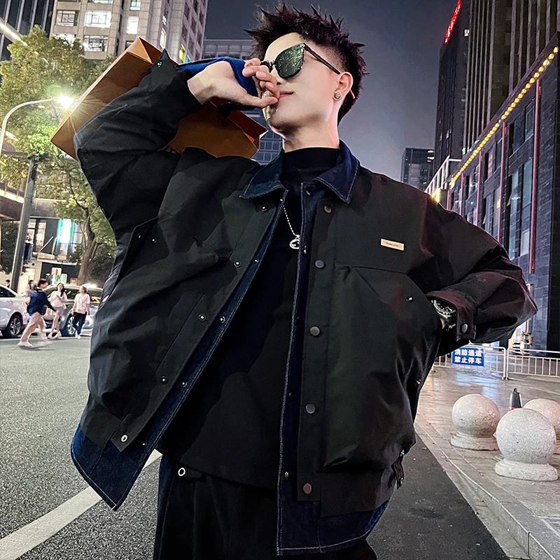 男士二棉外套假两件秋冬季男装潮牌痞帅高级感薄款休闲棉衣棉服潮