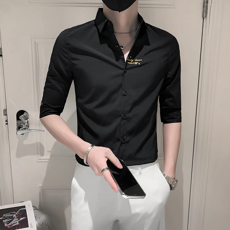黑色刺绣七分袖衬衫男修身潮牌夏季网红痞帅男装高级感短袖衬衣潮