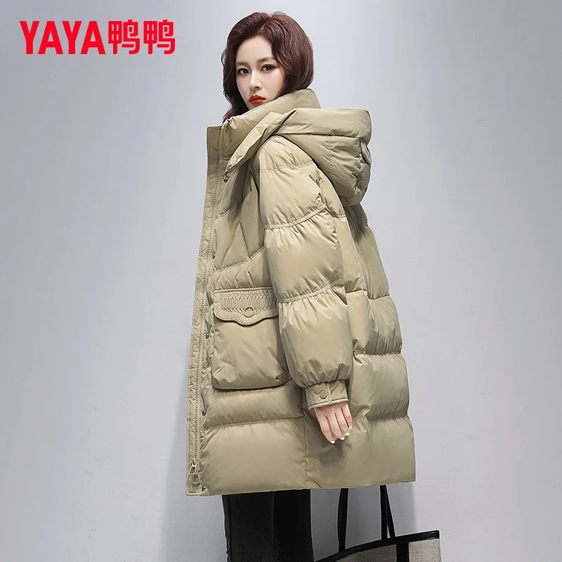 鸭鸭正品羽绒服女中长款2024冬季新款时尚百搭连帽加厚保暖外套潮