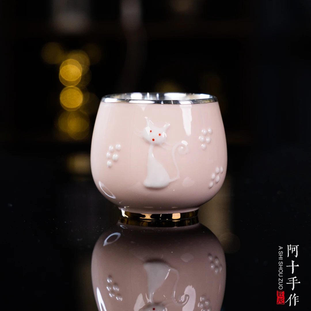 喵印喵语玉兔 浮雕彩色大杯  S999 手工主人杯家用高档品茗杯
