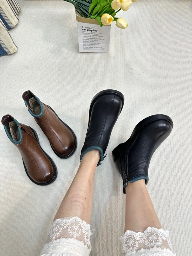 冬季新款牛皮加绒复古切尔西靴百搭保暖防滑平底真皮舒适休闲女靴