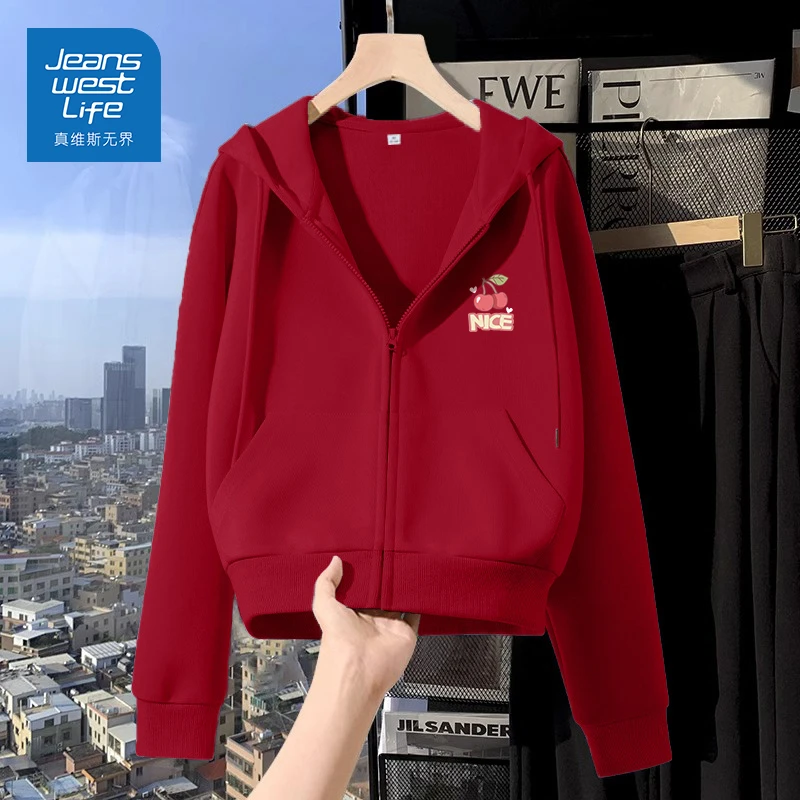 真维斯无界红色短款早春连帽卫衣女2025年新款上衣小个子显瘦外套