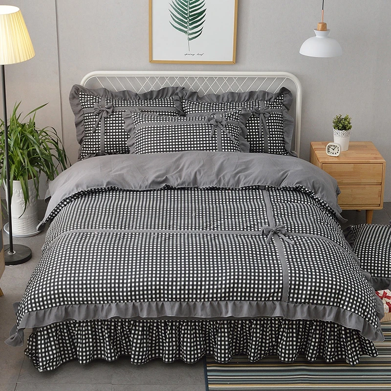 简约学生宿舍韩版四件套磨毛网红条纹韩式格子纯色公主风小清新