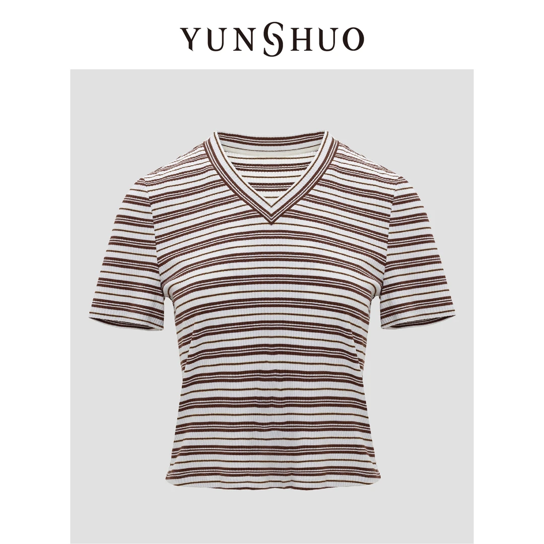 YUNSHUO允硕 2024夏季新品时尚百搭条纹气质上衣短袖T恤325331