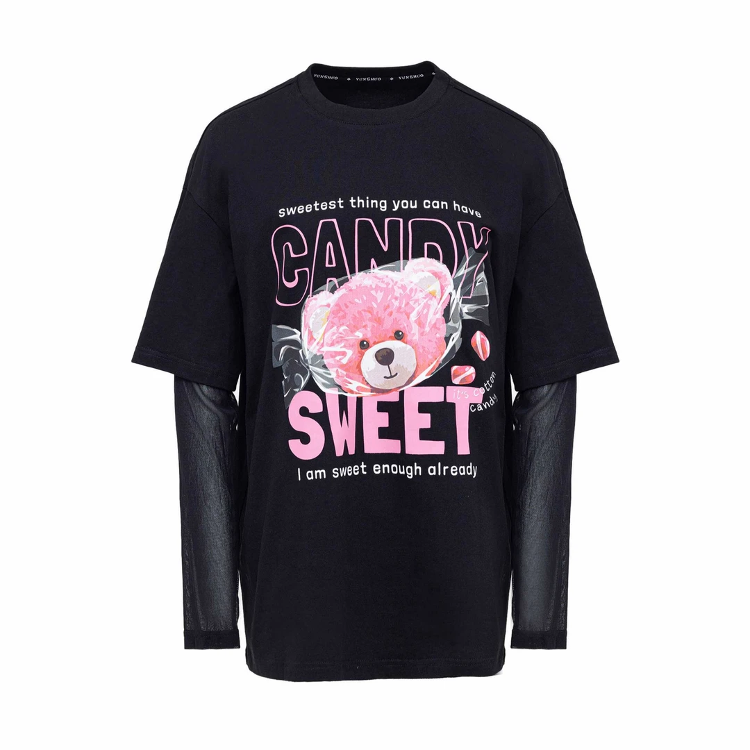 允硕YUNSHUO 2025夏季T恤349558长袖女t恤休闲女士黑色印花