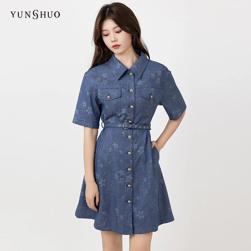 YUNSHUO允硕2024夏季时尚百搭气质休闲显瘦复古牛仔连衣裙 566357