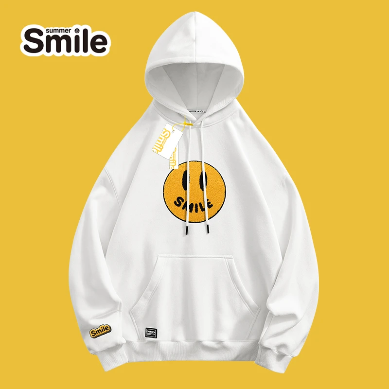 summer smile刺绣笑脸卫衣男女情侣秋冬套头连帽长袖休闲宽松上衣