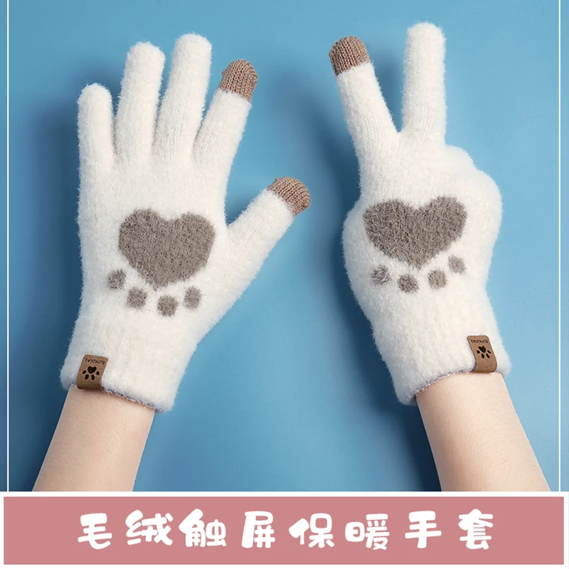 女手套冬季新款加厚保暖五指二指猫爪款好看骑车防寒毛线触屏手套
