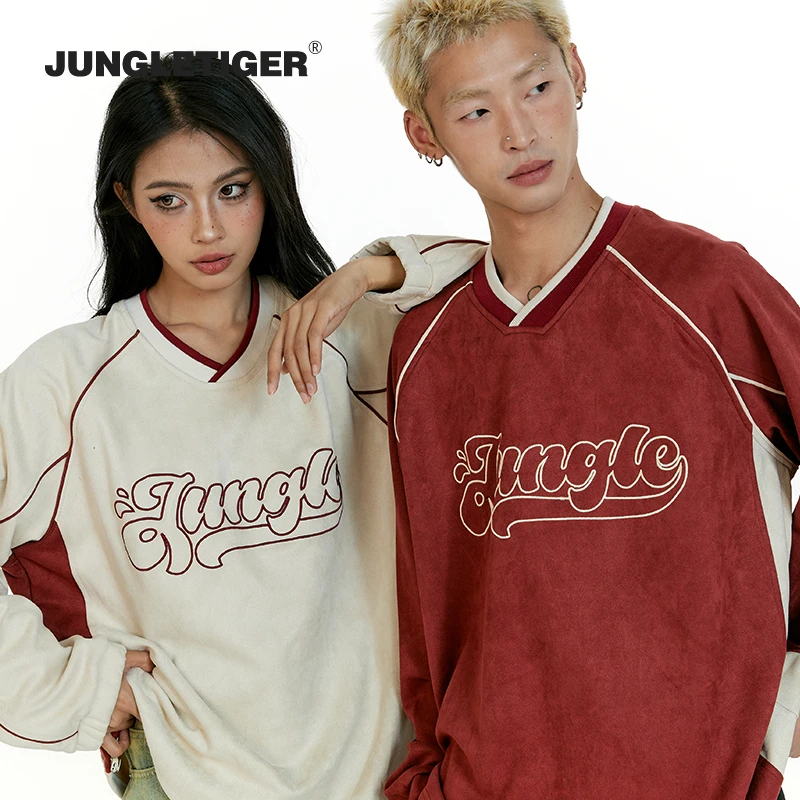 丛林老虎美式字母刺绣V领卫衣男女潮牌百搭情侣麂皮绒套头外套