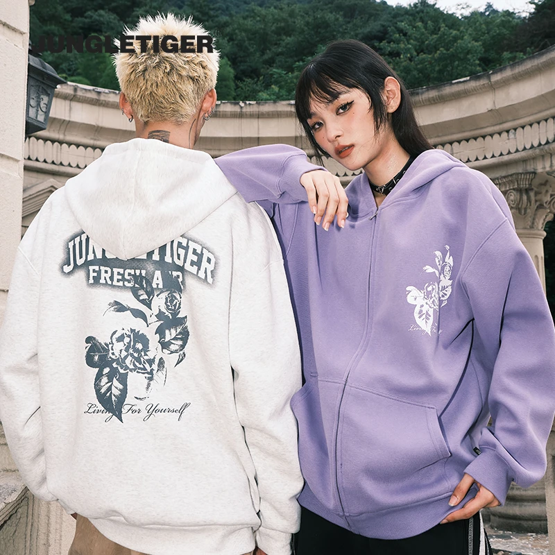 丛林老虎玫瑰花丝网印重磅拉链卫衣男女秋季美式潮流休闲情侣外套