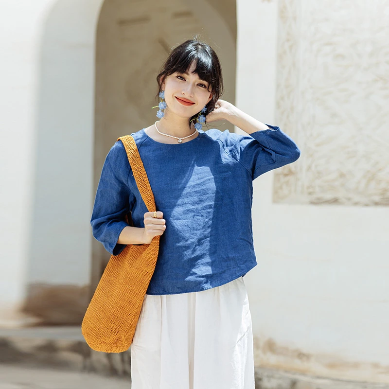 绽放旅行女装512朵/新款色织亚麻文艺上衣显瘦女衬衫T恤纯色小衫