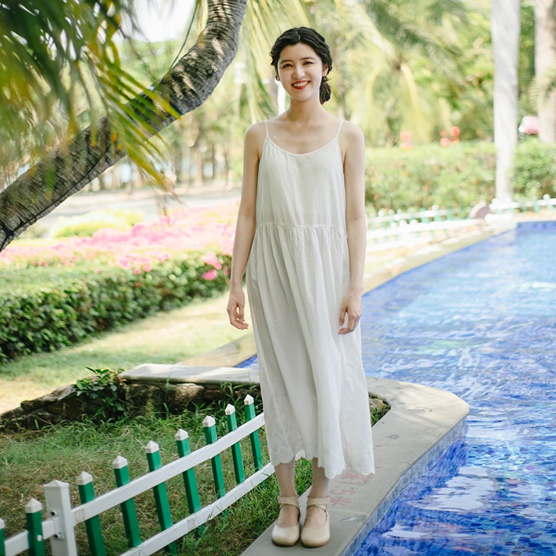 绽放旅行女装281朵/2024白色纯棉蕾丝下摆连衣裙叠穿打底吊带长裙