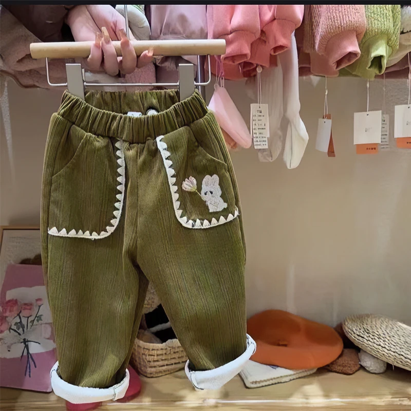 N3429儿童时尚萌娃穿搭百搭洋气休闲  秋冬绣兔子条绒休闲裤36027