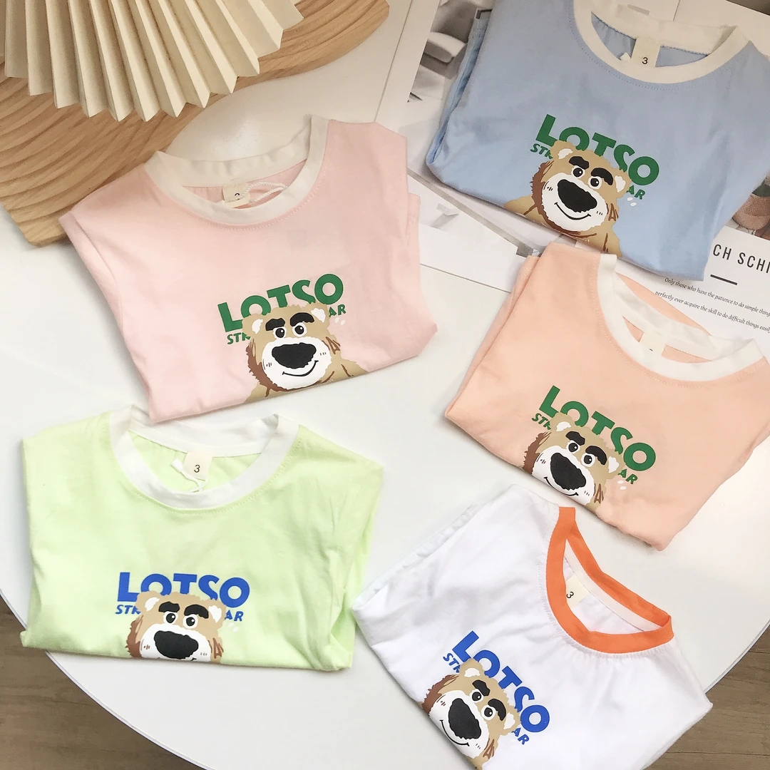 N0499儿童夏季韩版百搭中性通用圆领洋气时尚印熊短袖T恤A1723