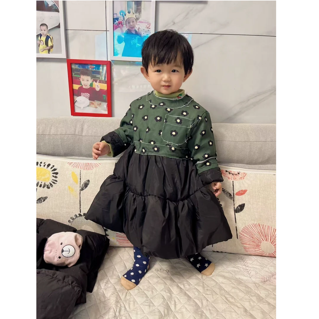 N1825  儿童女宝秋冬时尚百搭简约小花圆领洋气拼接连衣裙A86153