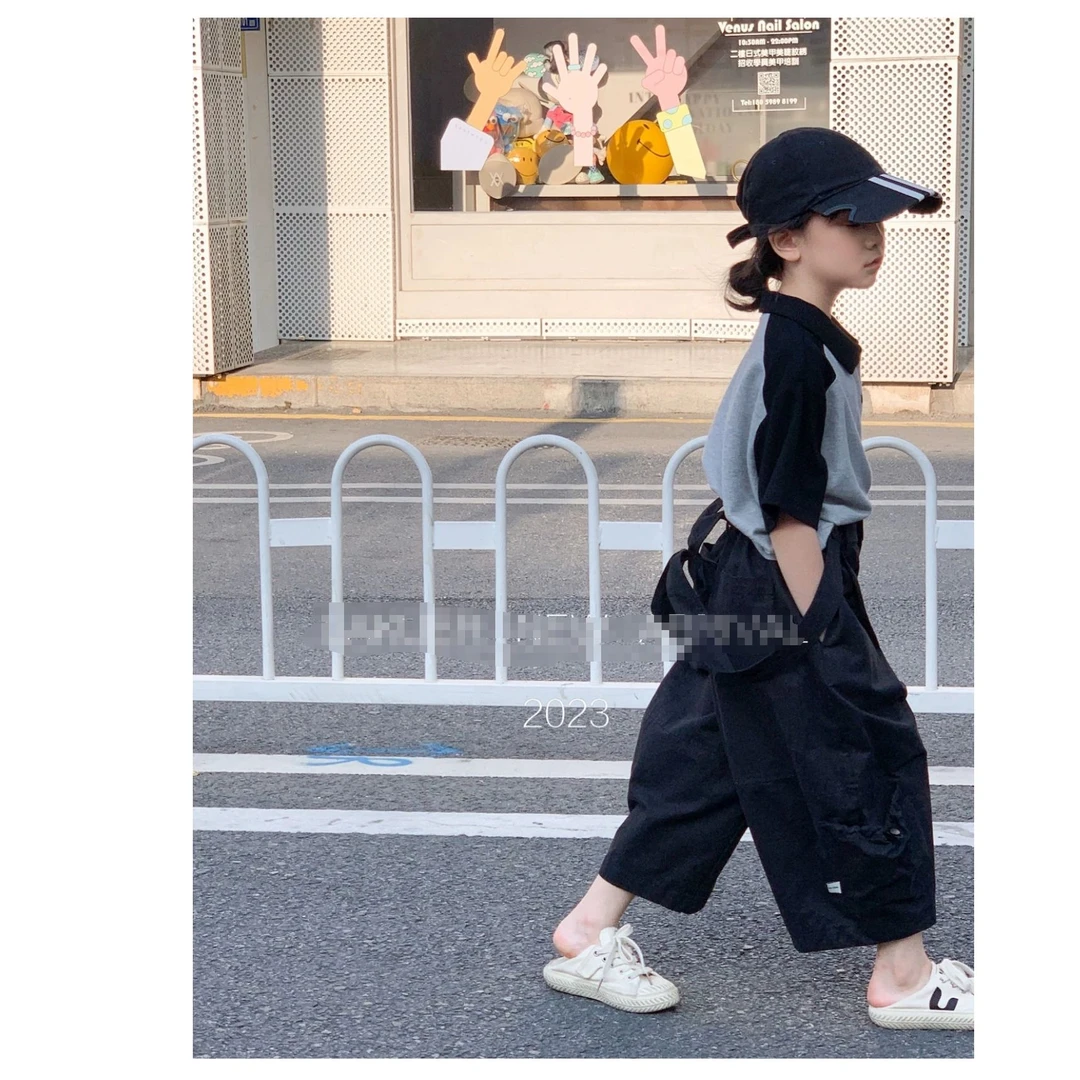 N3846儿童萌娃穿搭春夏韩系中大童  POLO领衬衫+背带裤套装XH2012