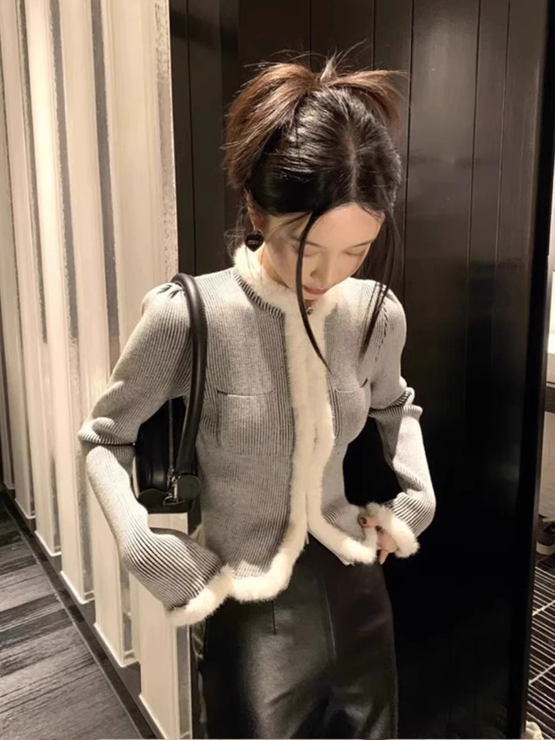 法式小香风灰色半高领长袖针织开衫女春秋季慵懒风毛毛边修身毛衣