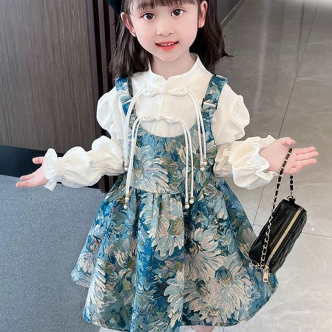 女童连衣裙春秋季新款2024中国风女宝宝盘扣衬衫背带裙套装两件套
