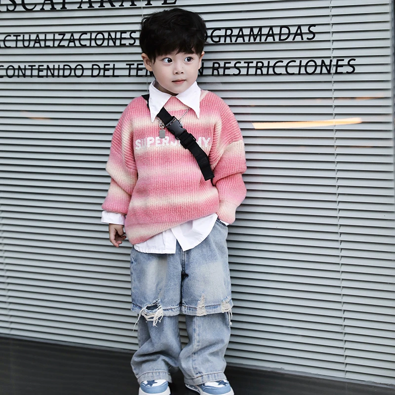 【现货】SUPER JIMMY 秋冬新款粉色条纹圆领套头毛衣上衣儿童针织