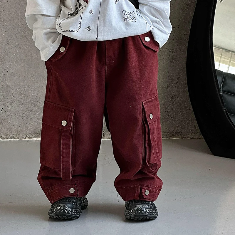 SUPER JIMMY 安哥拉红 秋季新款儿童大口袋工装风红色直筒牛仔裤