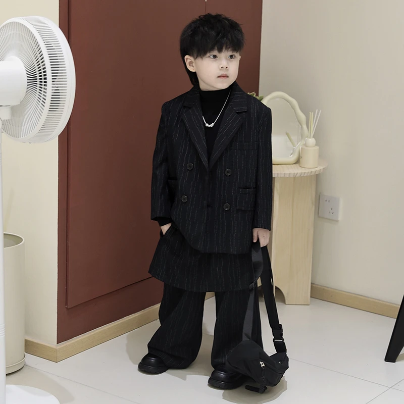 【现货】SUPER JIMMY 韩剧男主秋冬儿童竖条西装外套假两件西裤套装