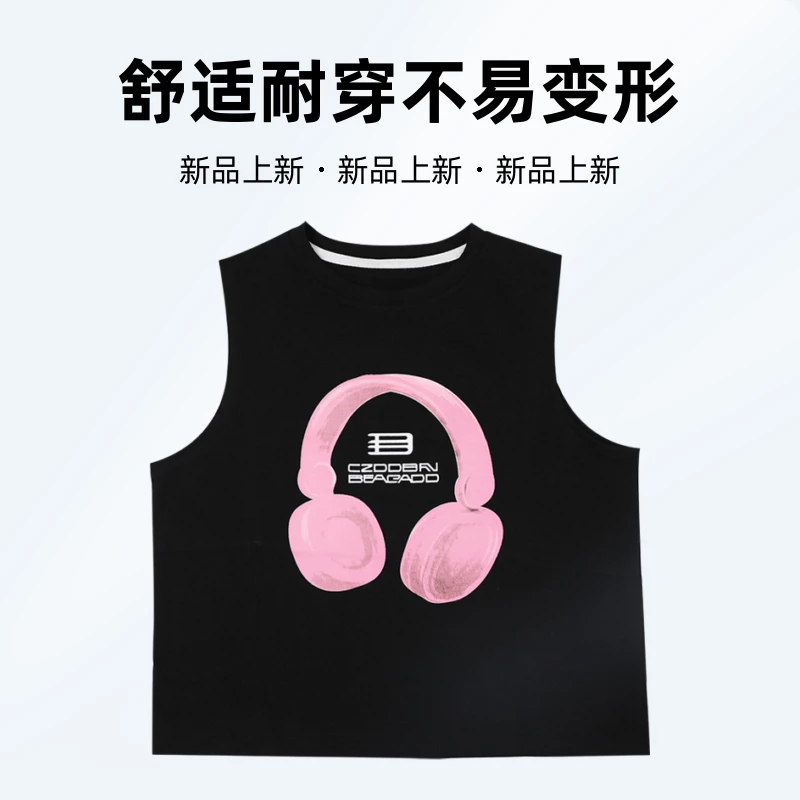 【现货】SUPER JIMMY粉墨酷甜夏季新款儿童粉色耳机印花背心无袖T恤