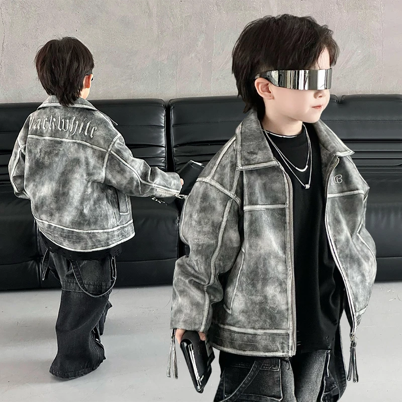 【现货】SUPER JIMMY 水墨岩灰 秋季新款儿童潮酷灰色扎染皮衣外套