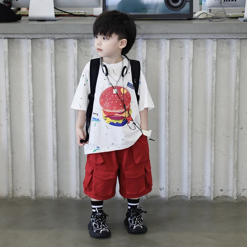【现货】SUPER JIMMY 夏季新款儿童恶搞汉堡印花涂鸦短袖白色T恤