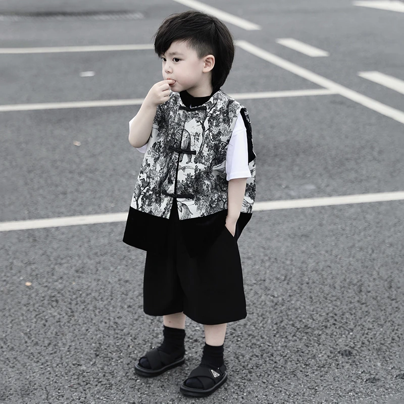 【现货】SUPERJIMMY 山水丛林 夏季新中式提花马甲斜纹短裤白色T恤