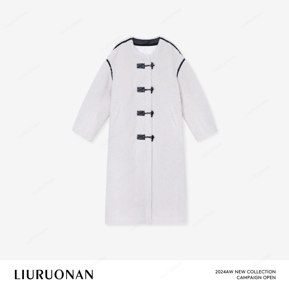 LIURUONAN 24AW【卷毛大衣】冬季保暖新款毛毛外套黑白拼色中长款