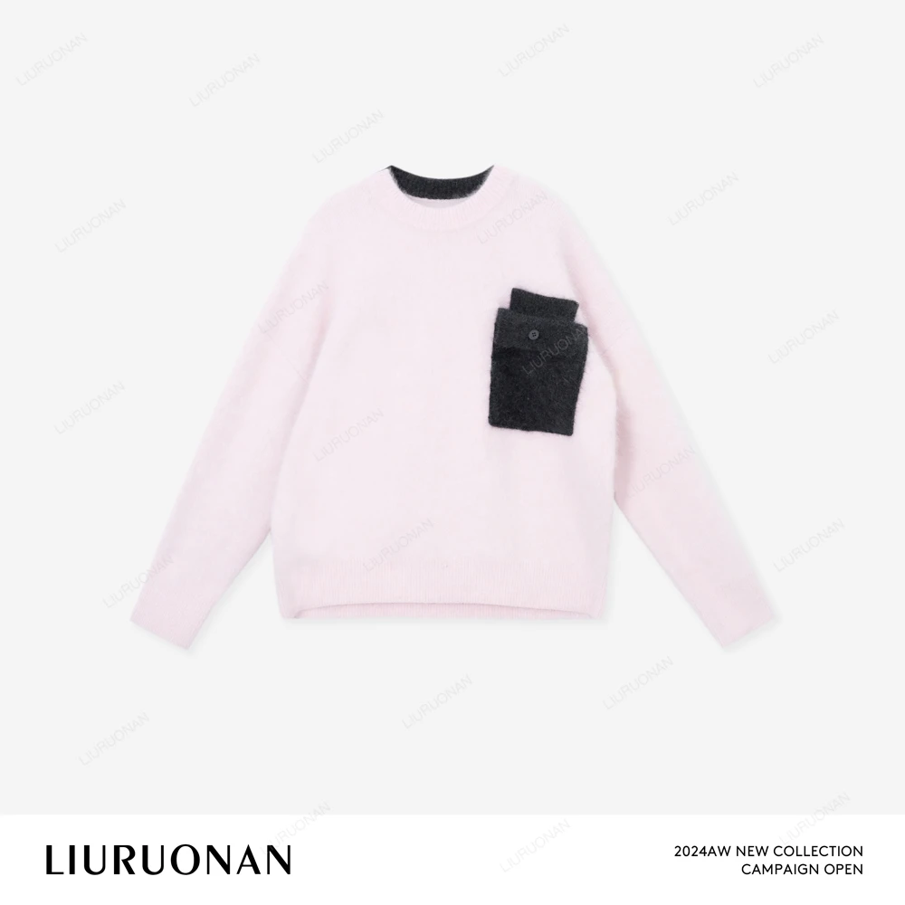 LIURUONAN 24AW 【口袋毛衣】粉色软糯毛针织衫圆领撞色口袋上衣