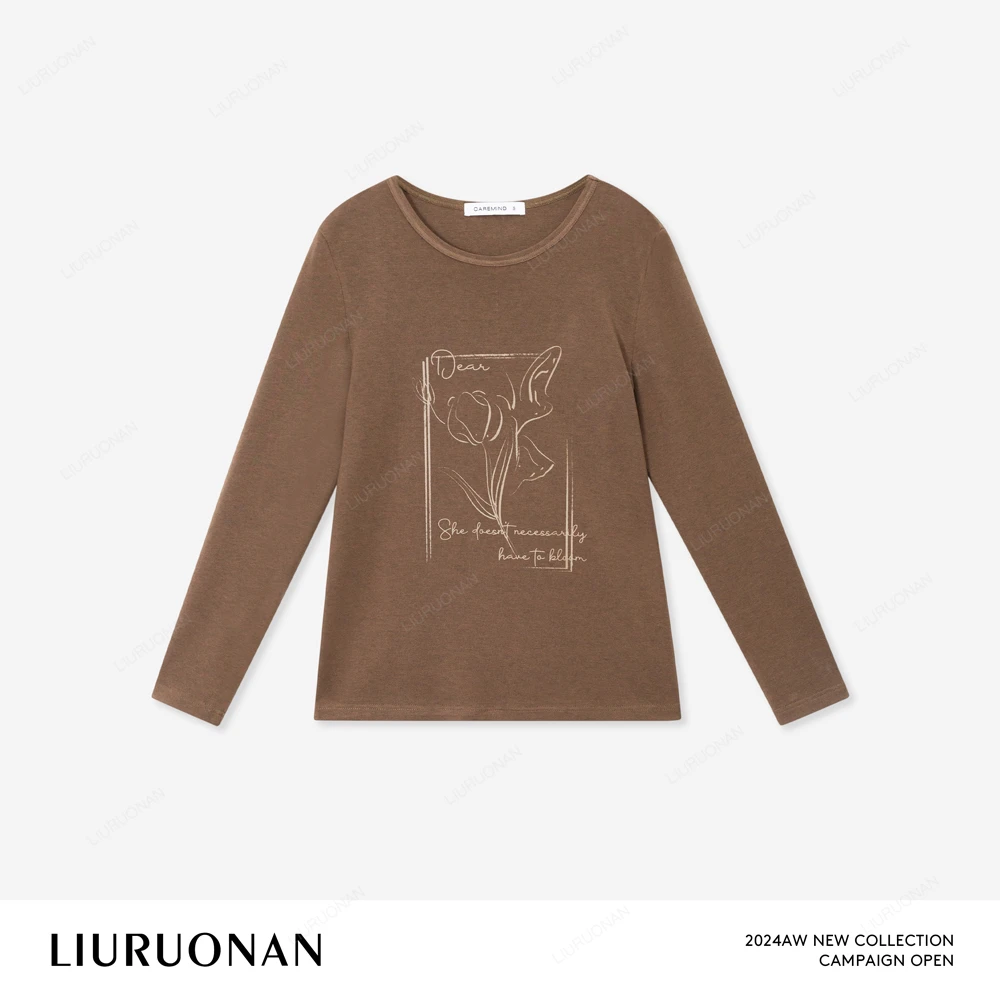 LIURUONAN 24AW【花T恤】咖色圆领套头T恤秋冬长袖印花上衣女