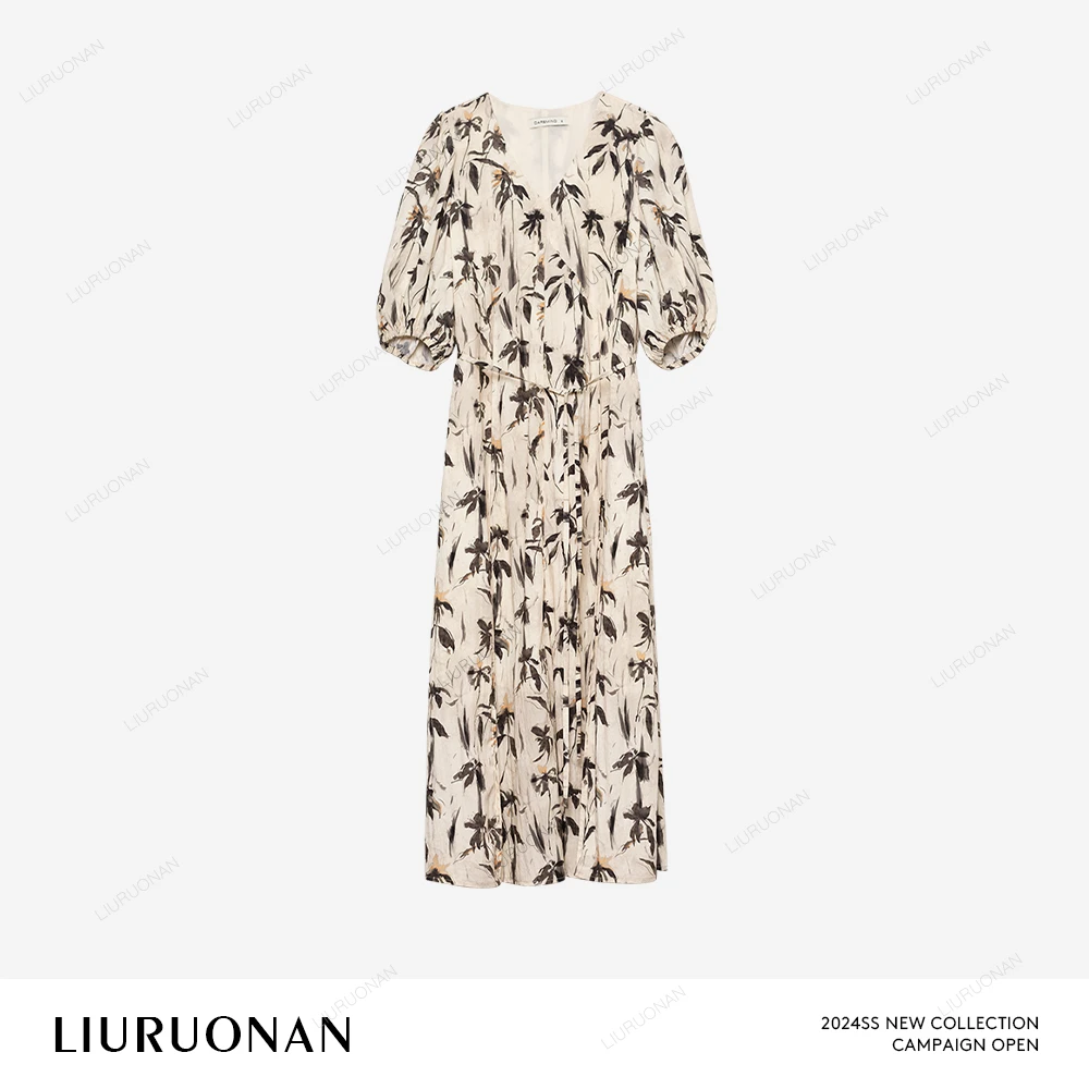LIURUONAN 24SS 国画墨染V领短袖连衣裙女宽松高级感长裙