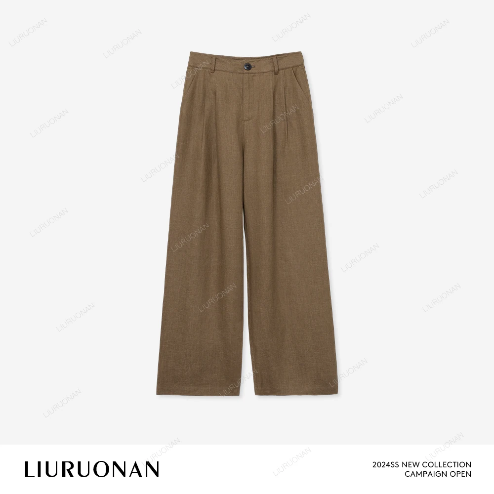 LIURUONAN 24SS 姜黄色纯亚麻老钱风直筒阔腿长裤秋季新款显腿长