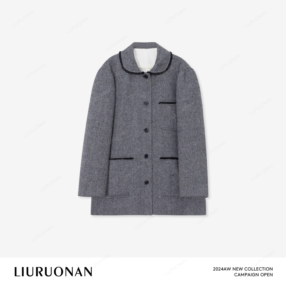 LIURUONAN 24AW【彼得潘花呢外套】撞色翻领短款呢大衣冬季短外套女