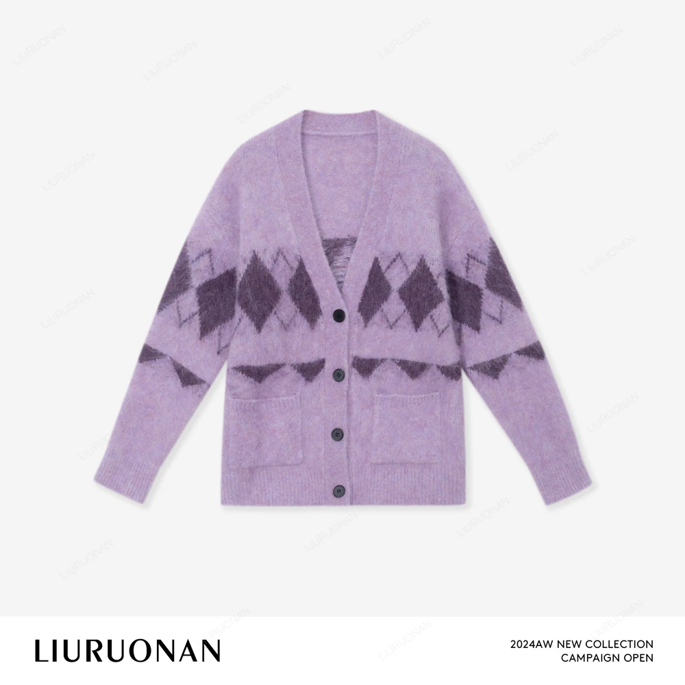LIURUONAN 24AW【菱形花格毛衣】紫色长袖保暖加厚毛针织开衫女冬季